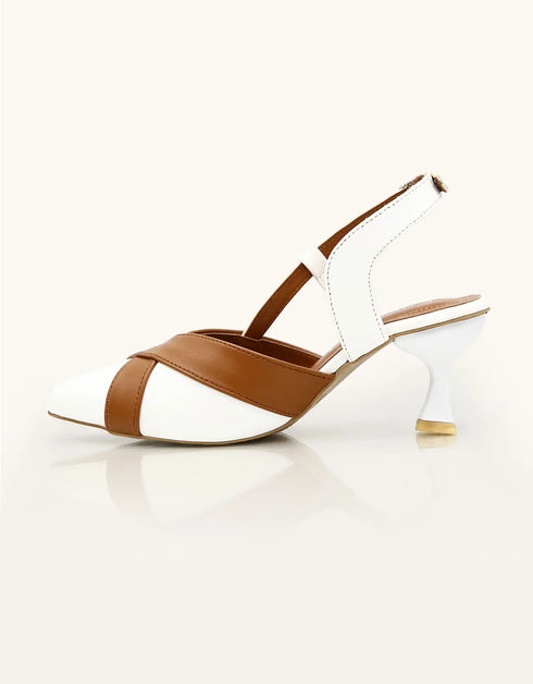 Luna White and Tan Pointed-Toe Heels with Ankle Strap – Essence by Rubina